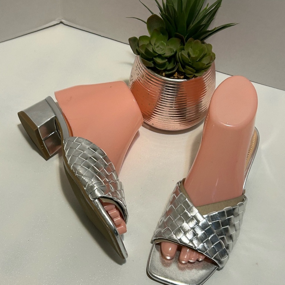 Marc Fisher Silver Woven Slide Sandals